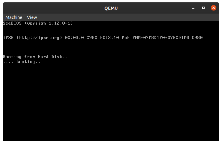 Qemu showing only “Booting from harddrive” with a “H” below and then waiting forever